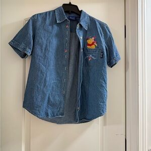 Disney Blue Denim Shirt Winnie the Pooh button down embroidery on buttons